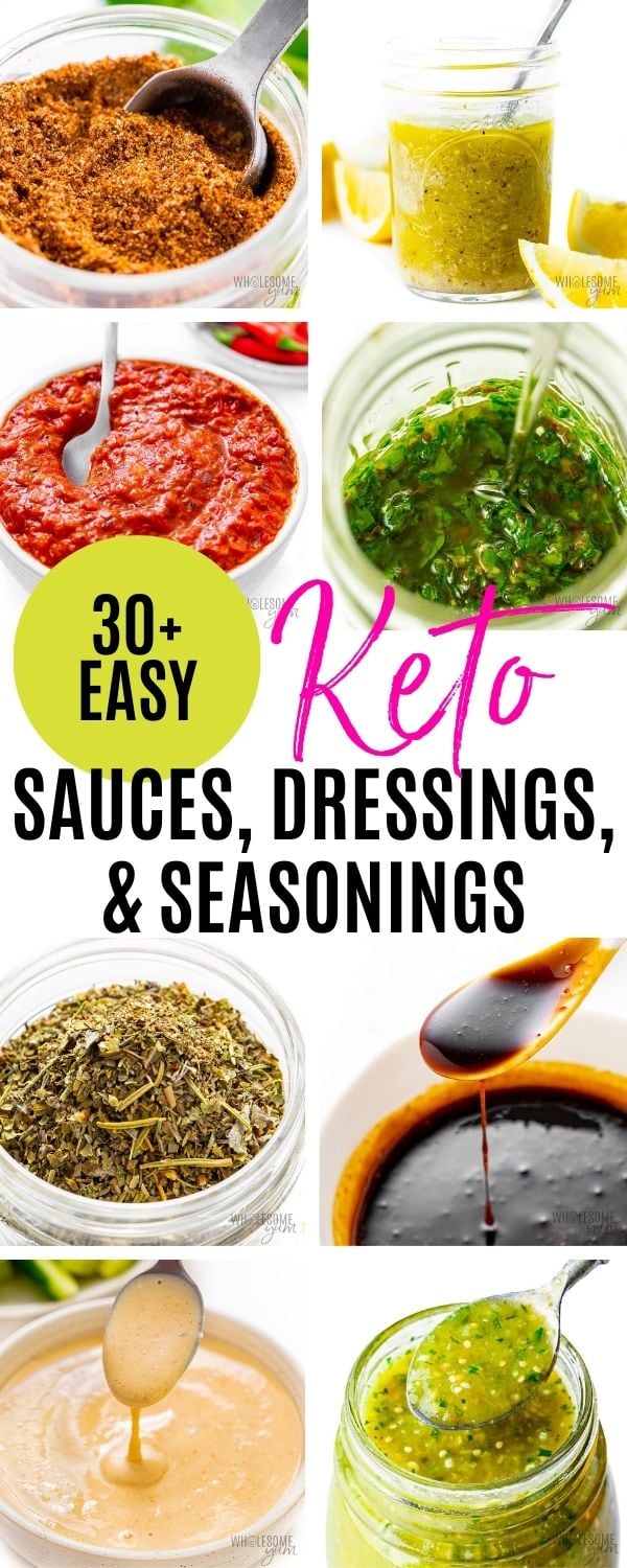Keto sauces, dressings, and seasonings collage pin.