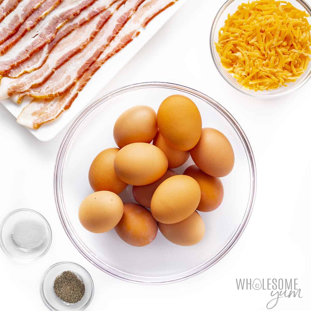 Ingredients to make bacon baked eggs in a muffin tin.