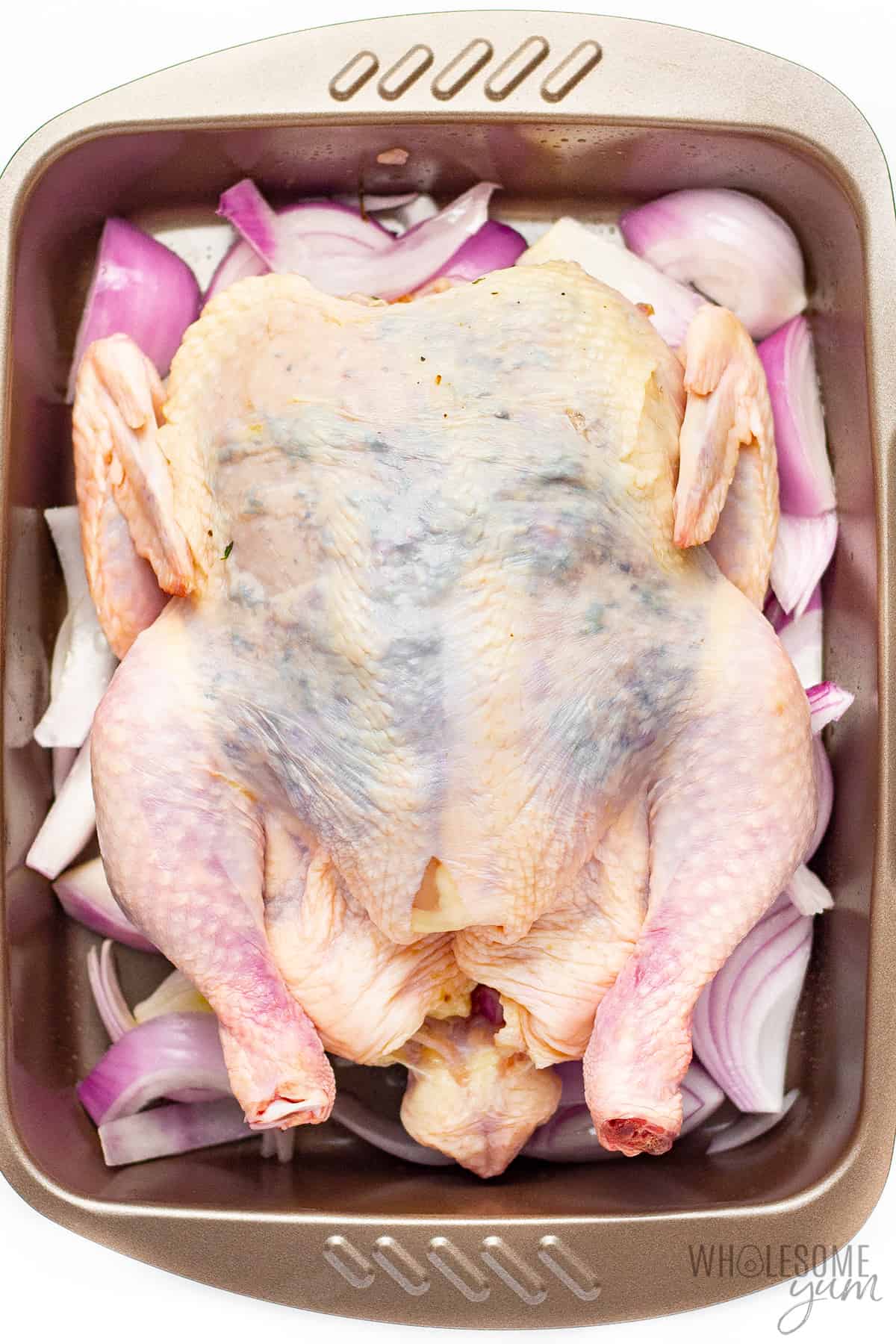 Chicken and onions in roasting pan.