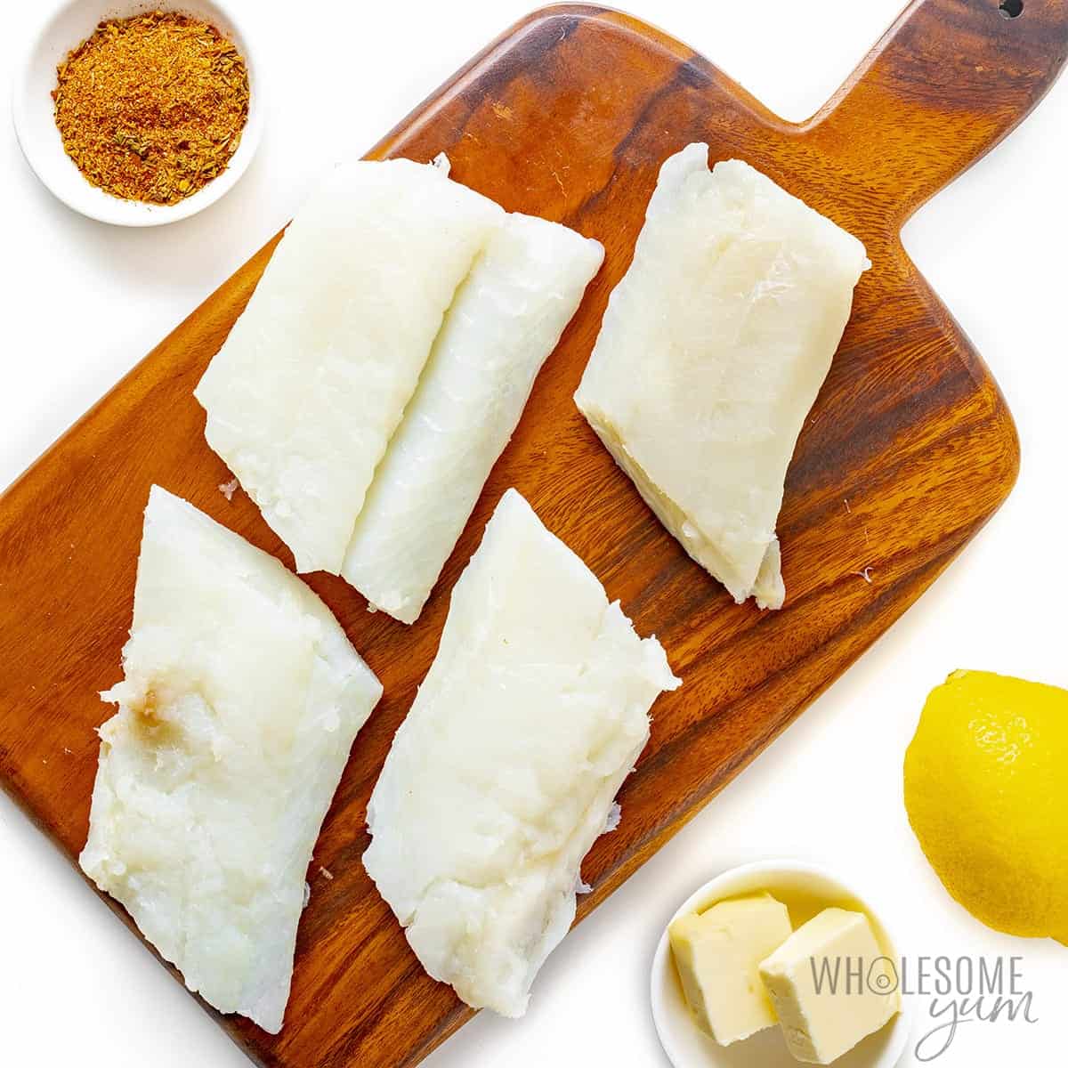 Grilled cod recipe ingredients in bowls.