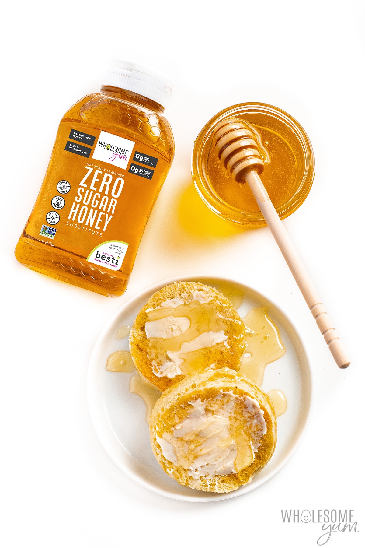 Zero sugar honey substitute on a low carb English muffin.