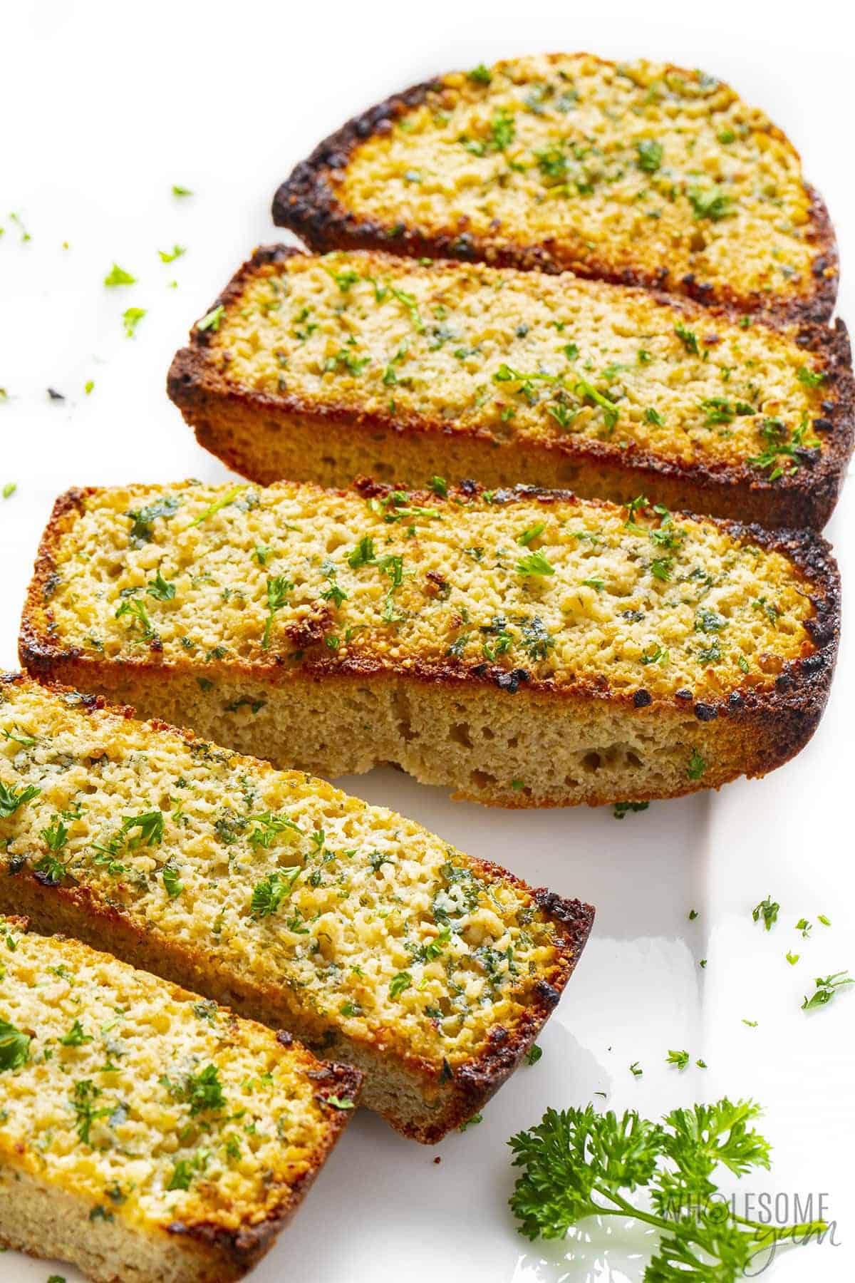 Low carb garlic bread arranged on a platter.