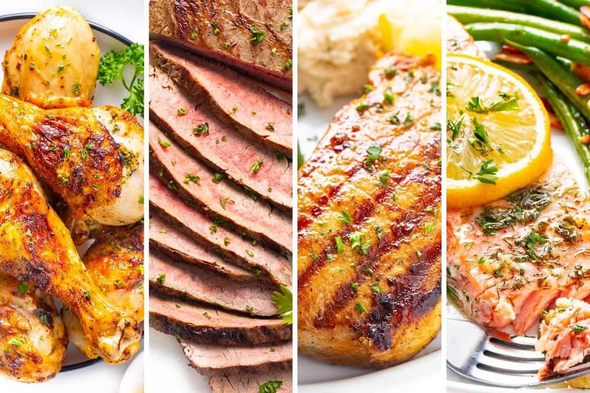 Collage of chicken legs, steak, pork chop, and salmon fillet.
