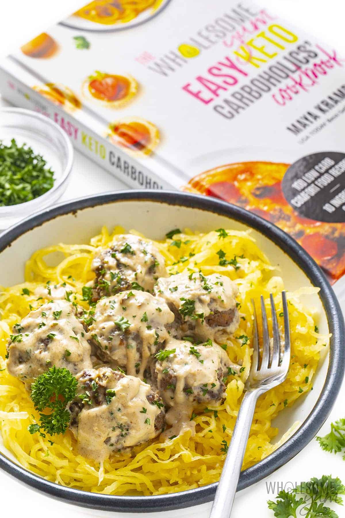 Low carb Swedish meatballs with Easy Keto Carboholics' Cookbook.