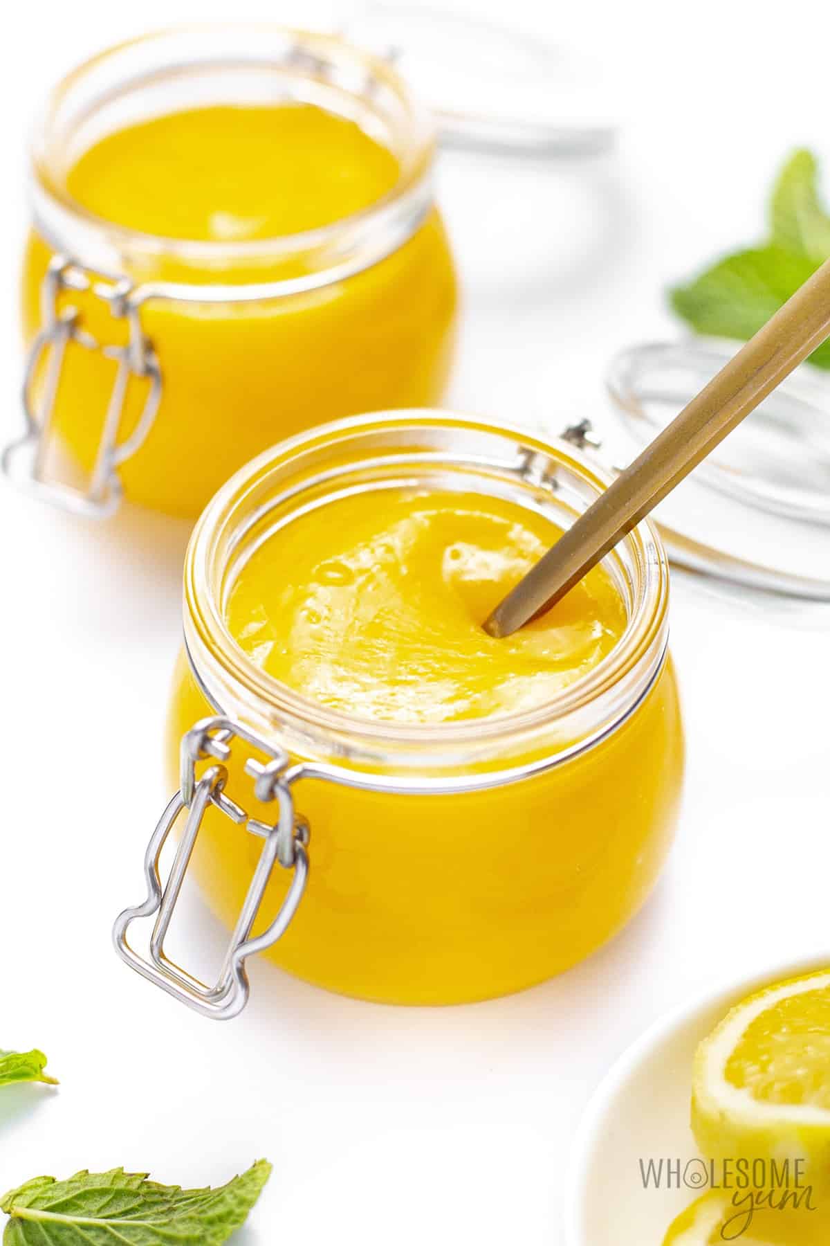 Sugar-free lemon curd in a glass jar.