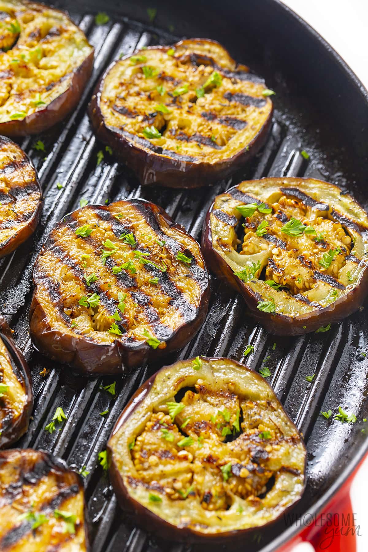 Fully cooked eggplant on the grill pan.