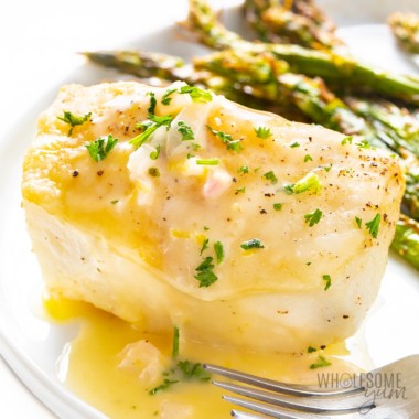 Baked Chilean sea bass recipe on a plate.
