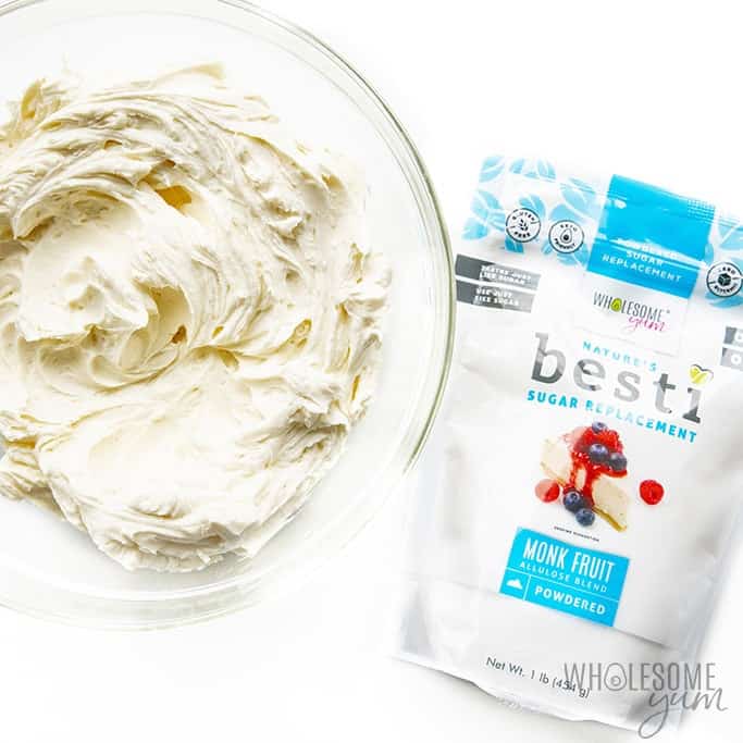 Whipped cream cheese and Besti in a bowl.