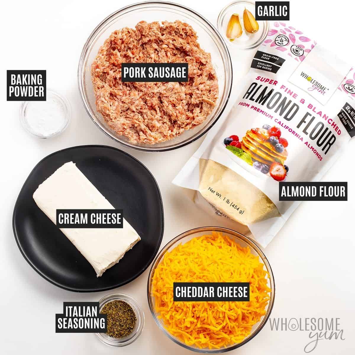 Labeled recipe ingredients: sausage, Cheddar cheese, cream cheese, almond flour, Italian seasoning, baking powder, and garlic.