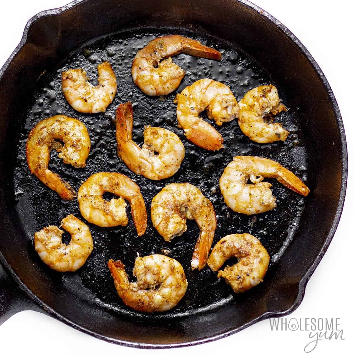Shrimp cooked in cast iron pan.