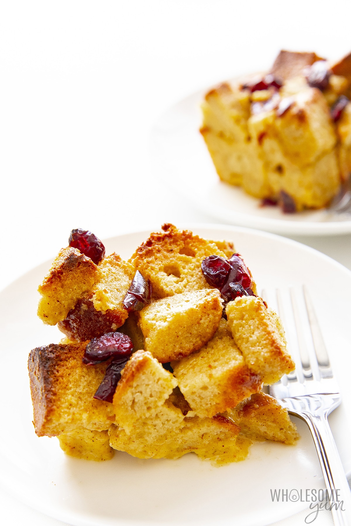 Fork-plated sugar-free bread pudding.