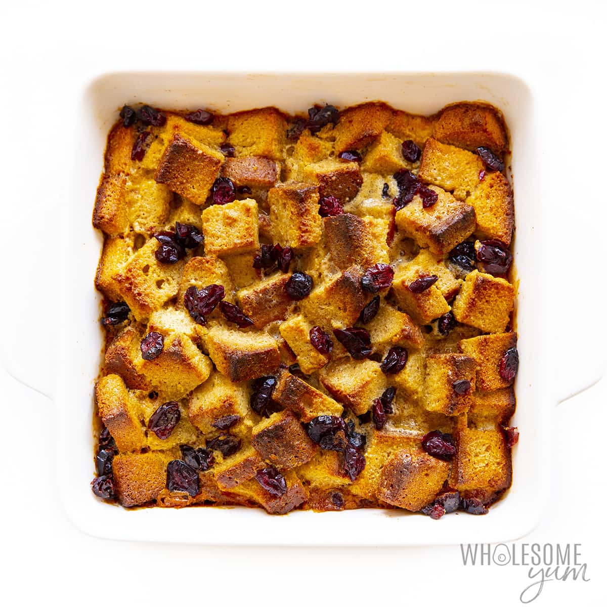 Fully baked sugar-free bread pudding in a baking pan.