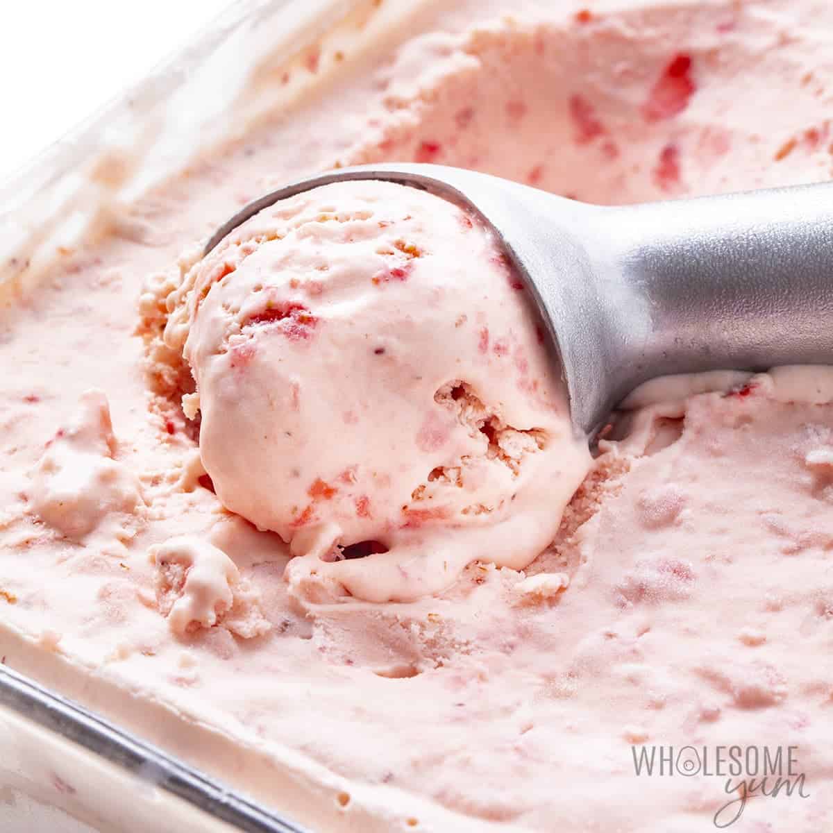 Keto strawberry ice cream recipe in scoop.