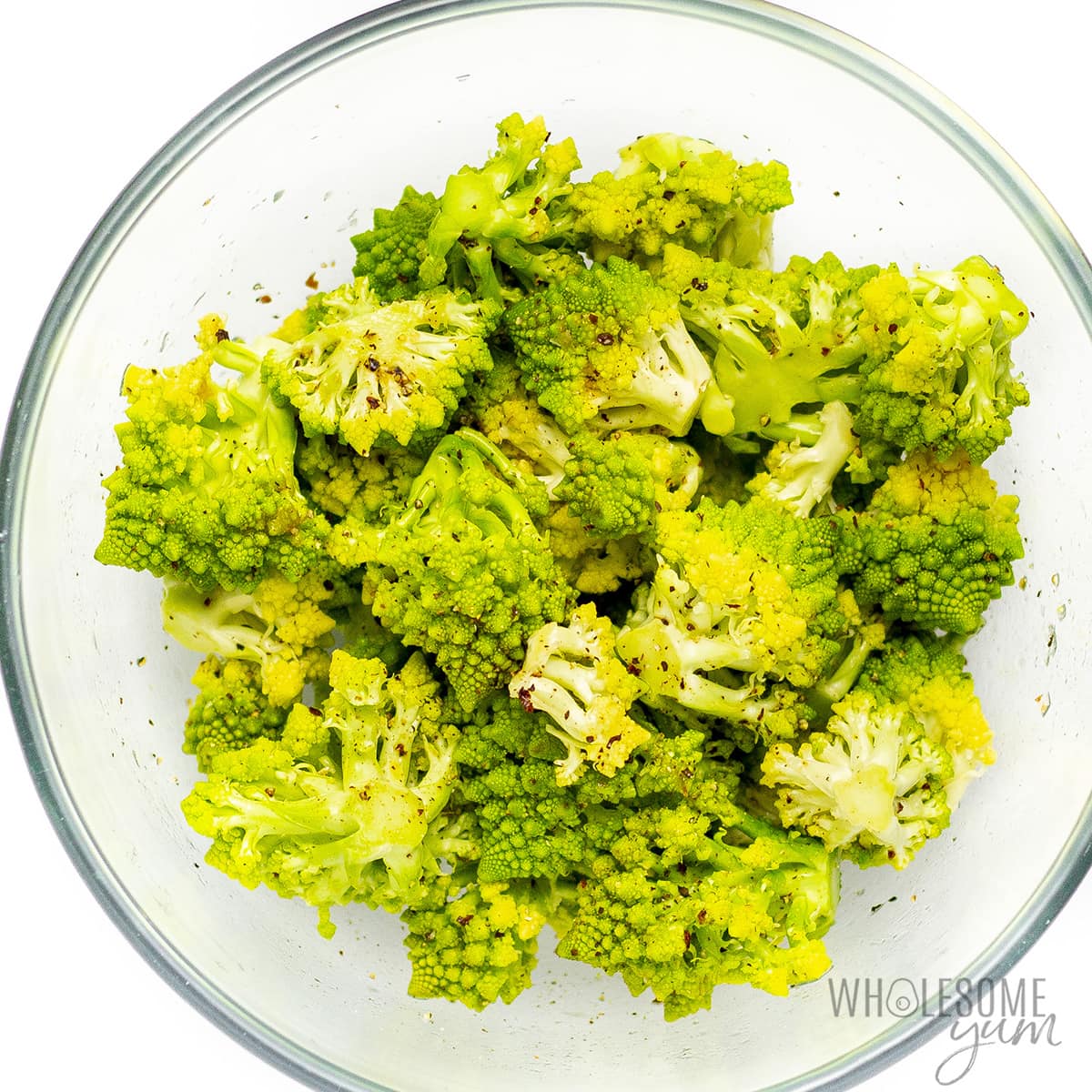 Chopped romanesco tossed with oil and seasonings.