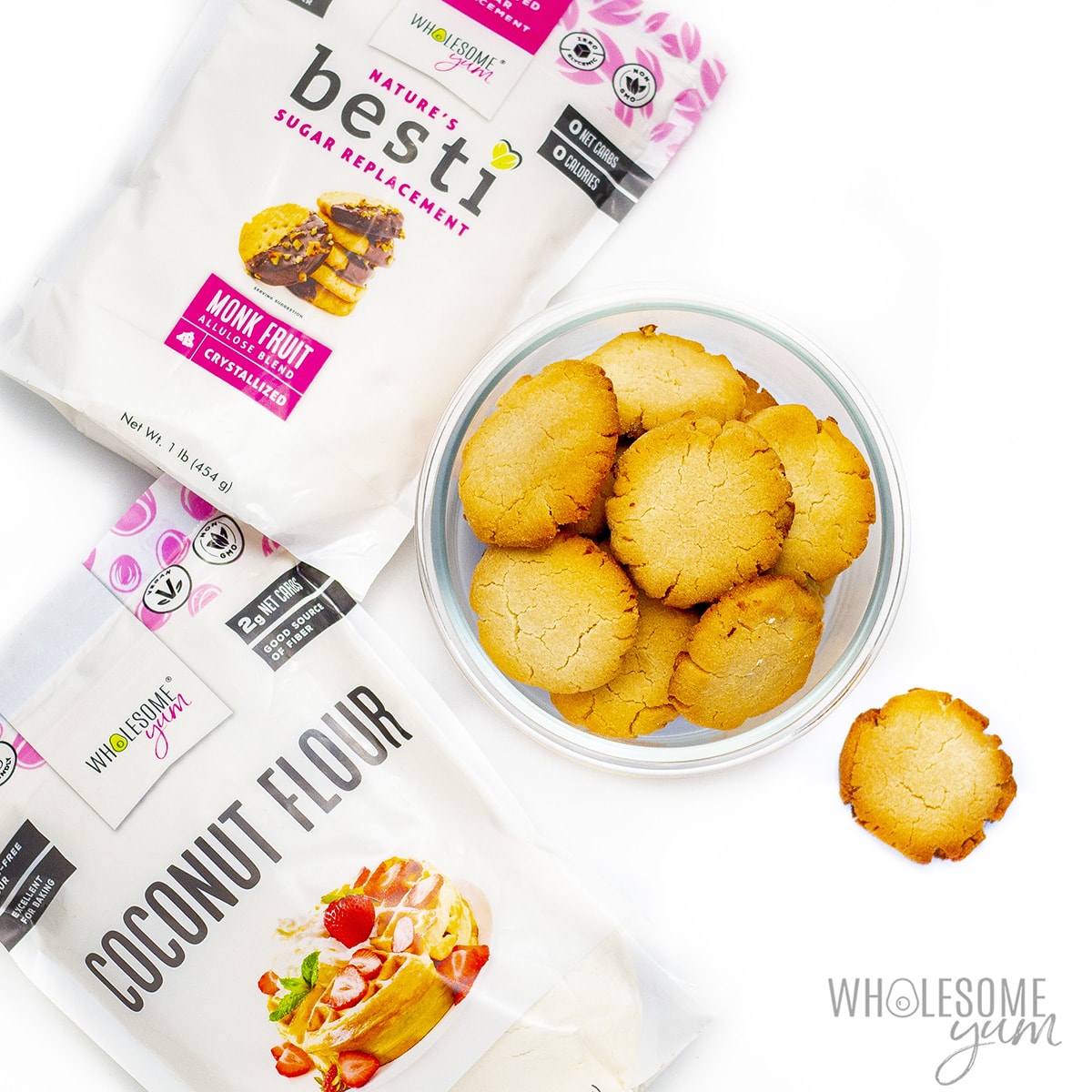Shortbread cookies for banana pudding next to bag of Besti and Wholesome Yum Coconut Flour.