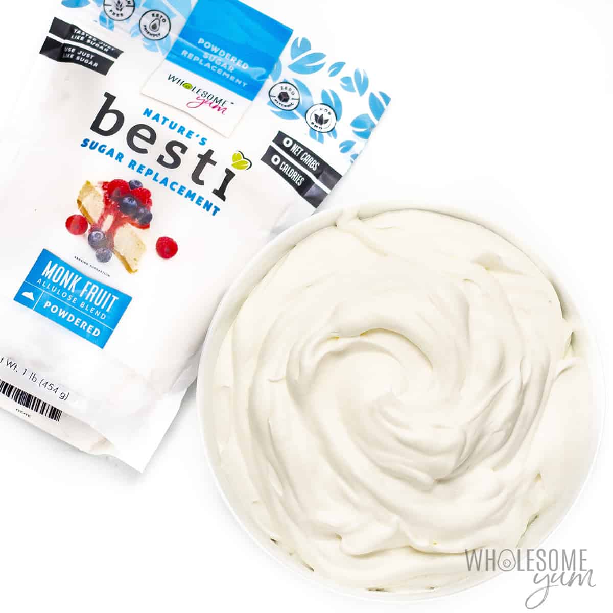 Whipped cream next to bag of powdered Besti.