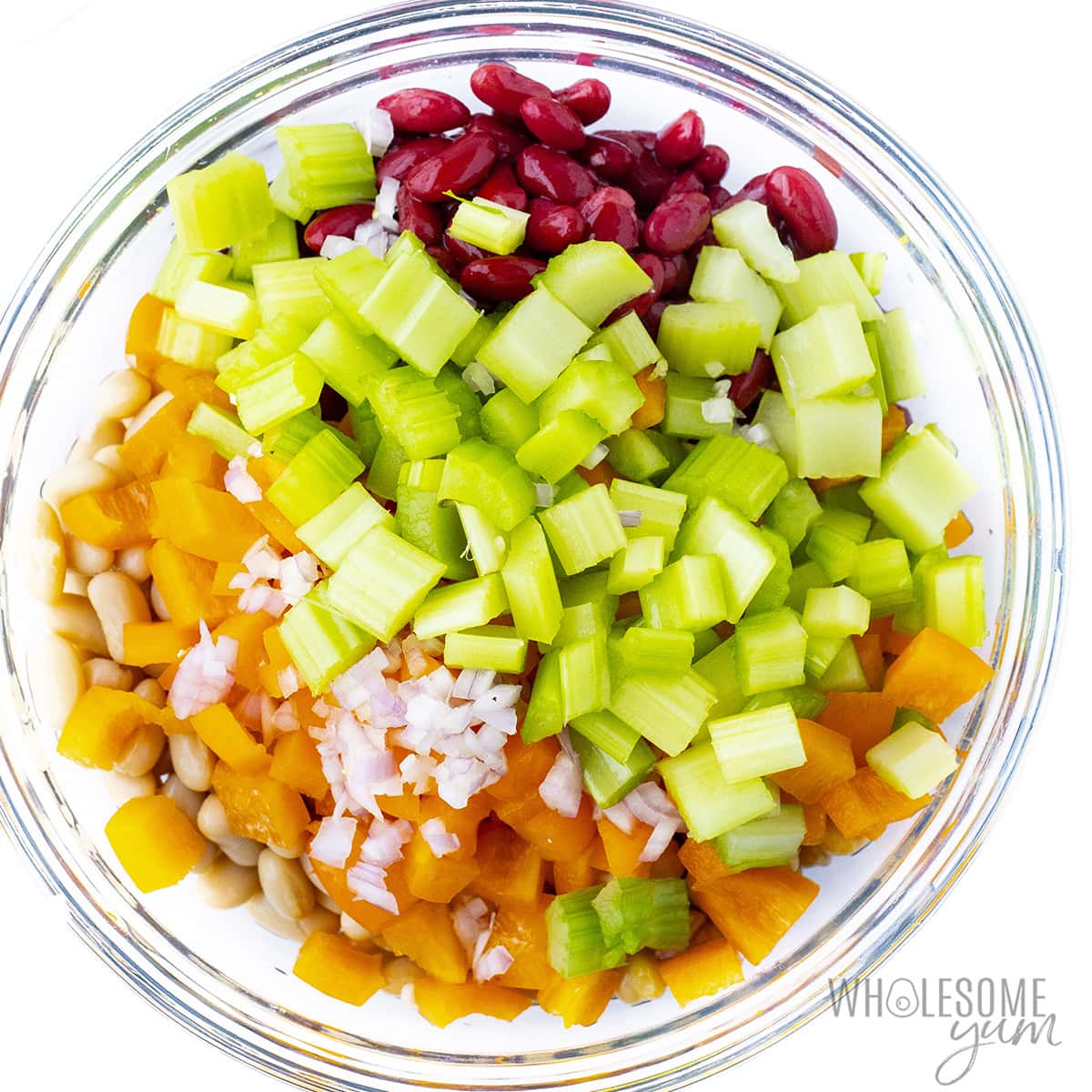 Three bean salad without dressing in a bowl.