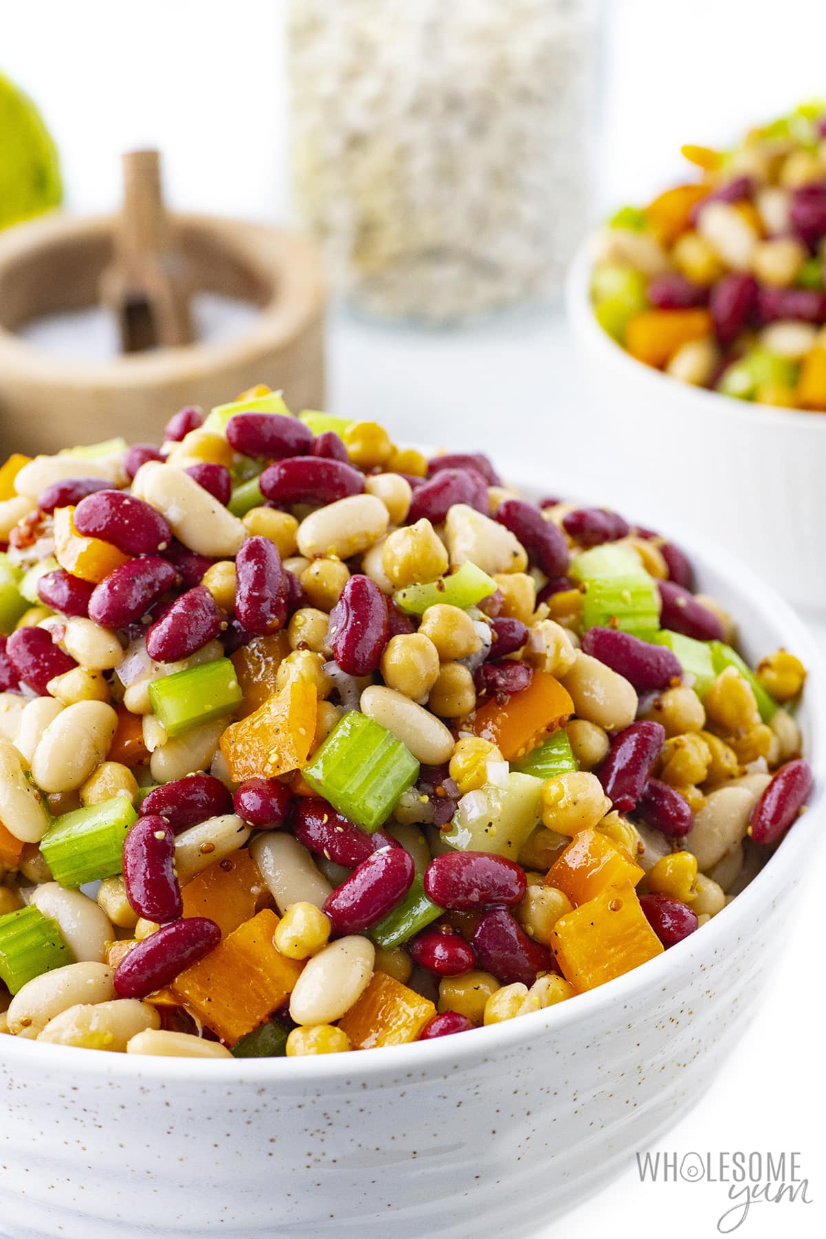 Close up of three bean salad in a serving bowl.