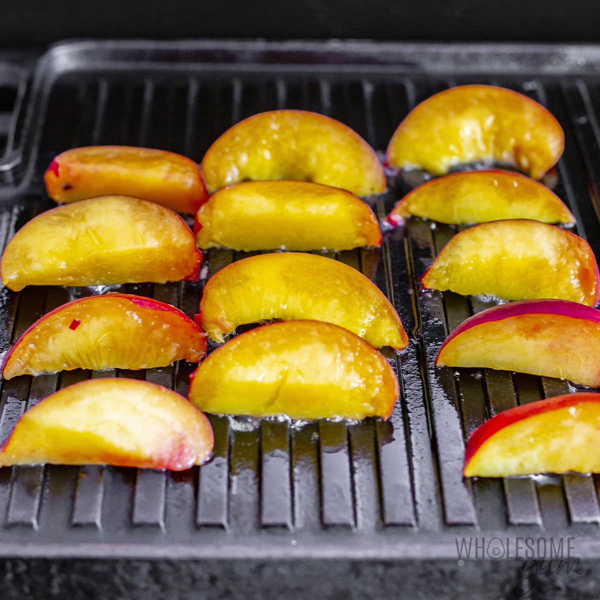 Peaches on grill pan.