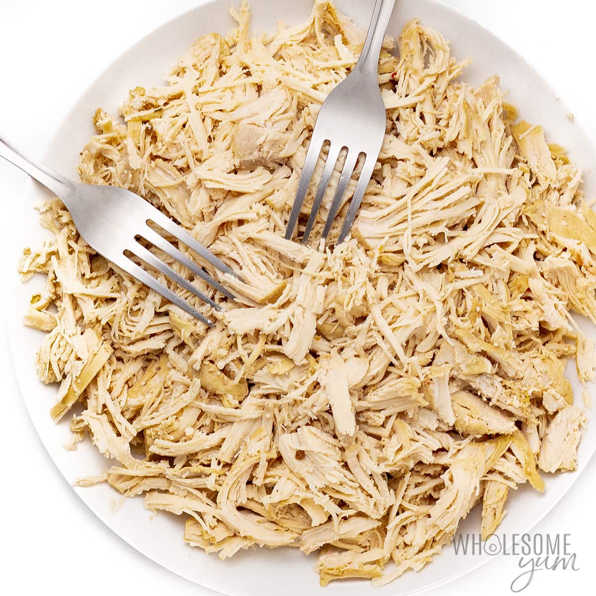 Chicken shredded on a plate.