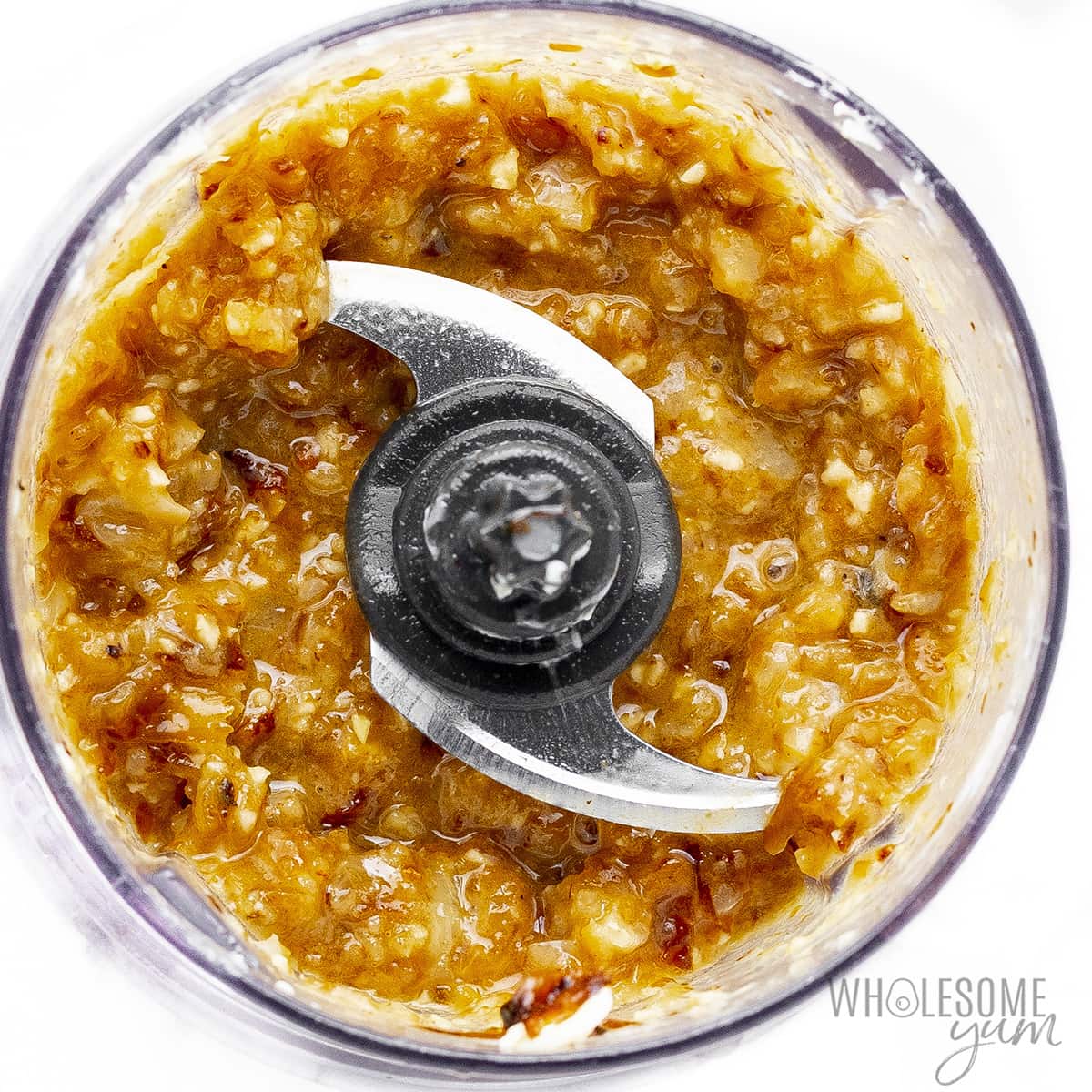 Caramelized onion butter in food processor.