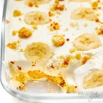 Sugar free banana pudding with piece removed.