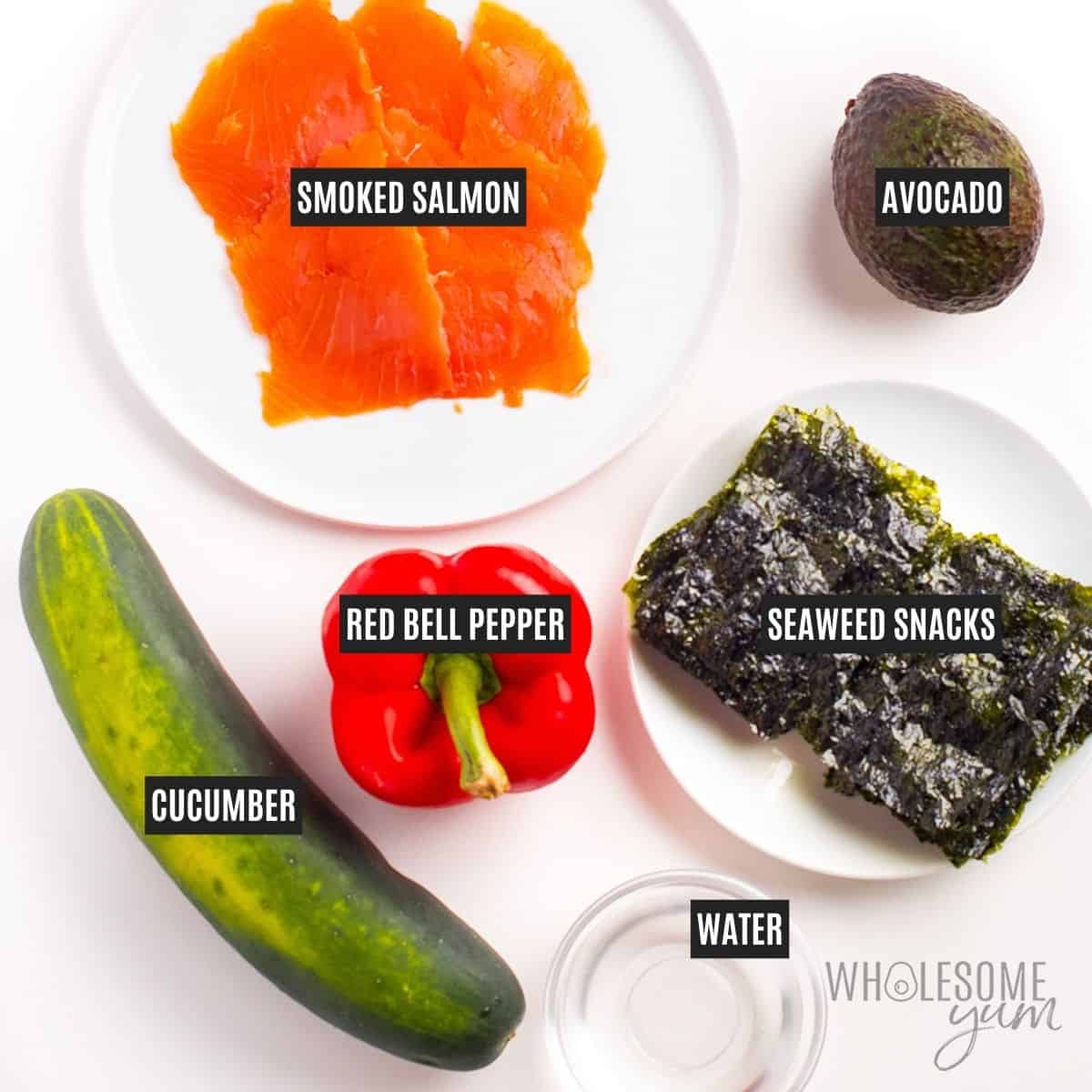 Labeled recipe ingredients: smoked salmon, cucumber, red bell pepper, avocado, and seaweed snacks.