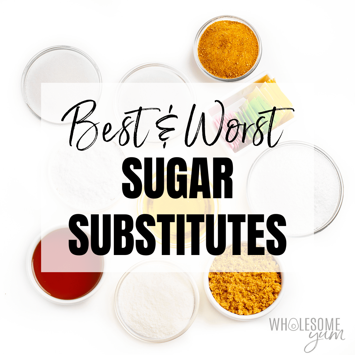 Keto sugar substitutes and alternatives (sweeteners) in bowls.