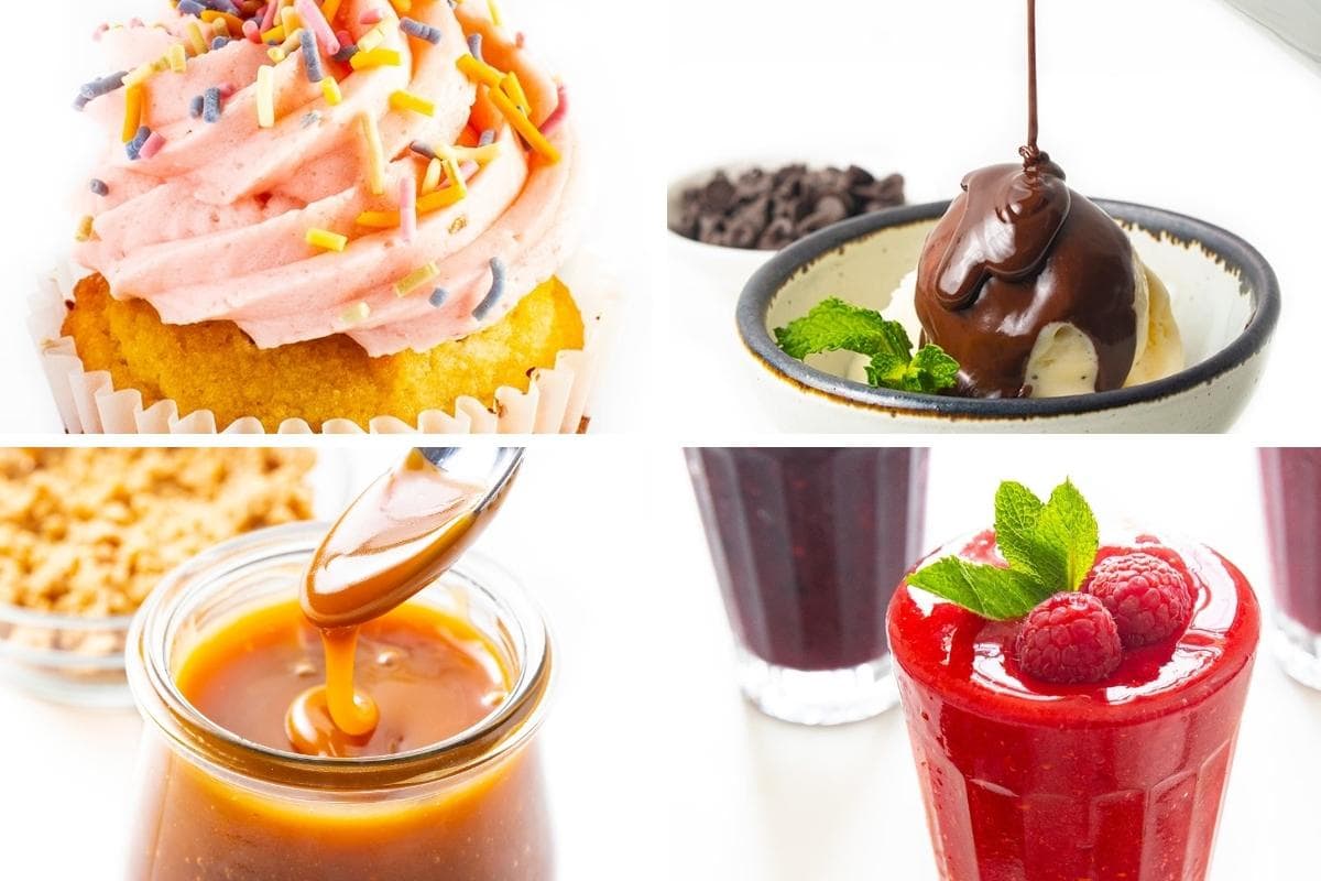 Collage of sweet recipes using sugar alternatives.