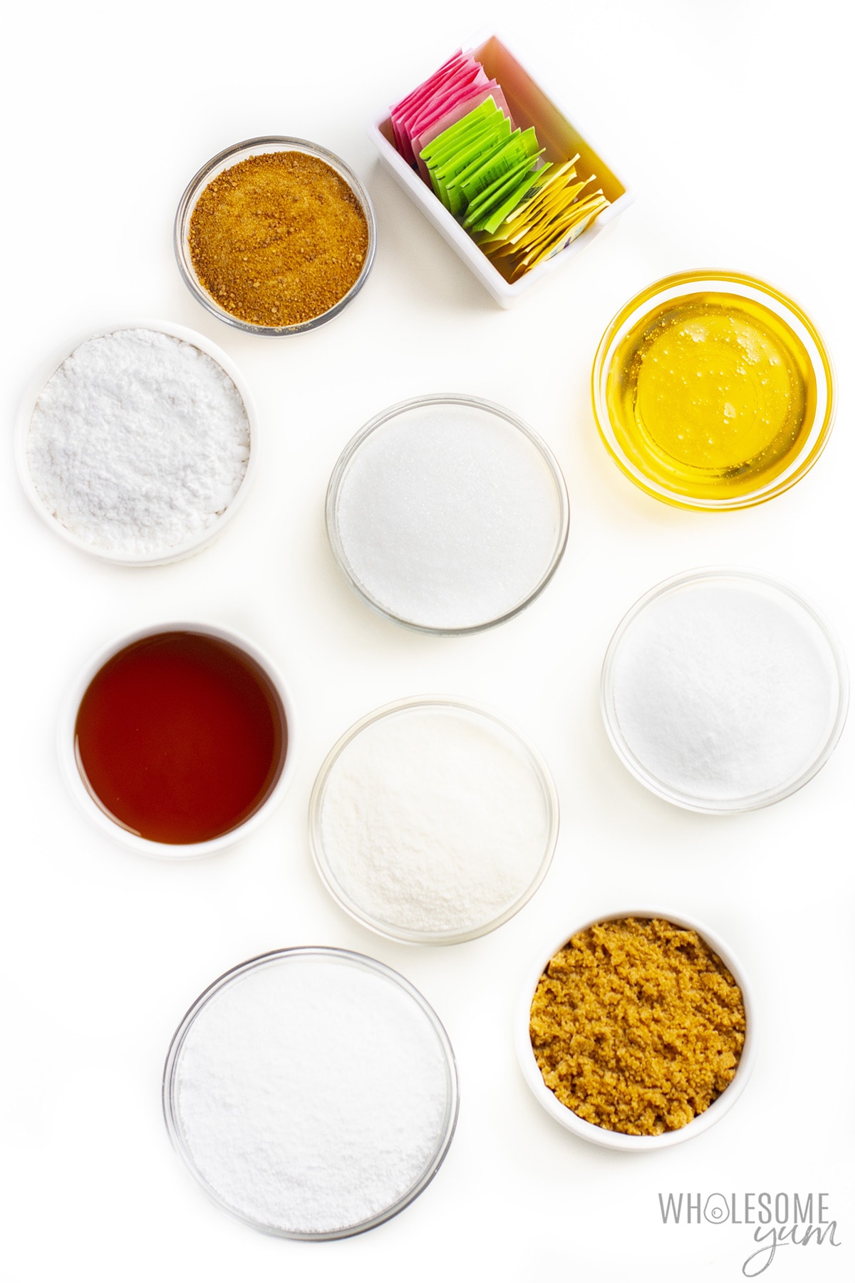 Different types of sugar substitutes in bowls.