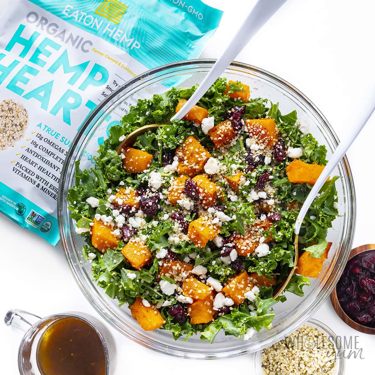 Salad ingredients in a bowl with Eaton Hemp Hearts.