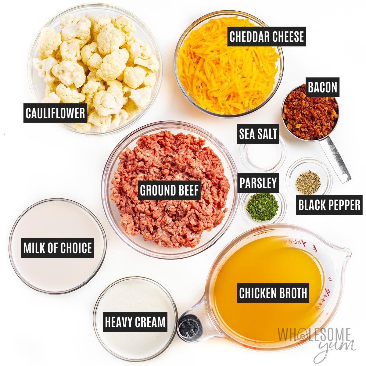 Cheeseburger soup recipe ingredients in bowls.