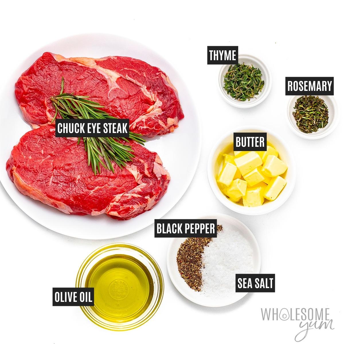 Chuck eye steak recipe ingredients in bowls.