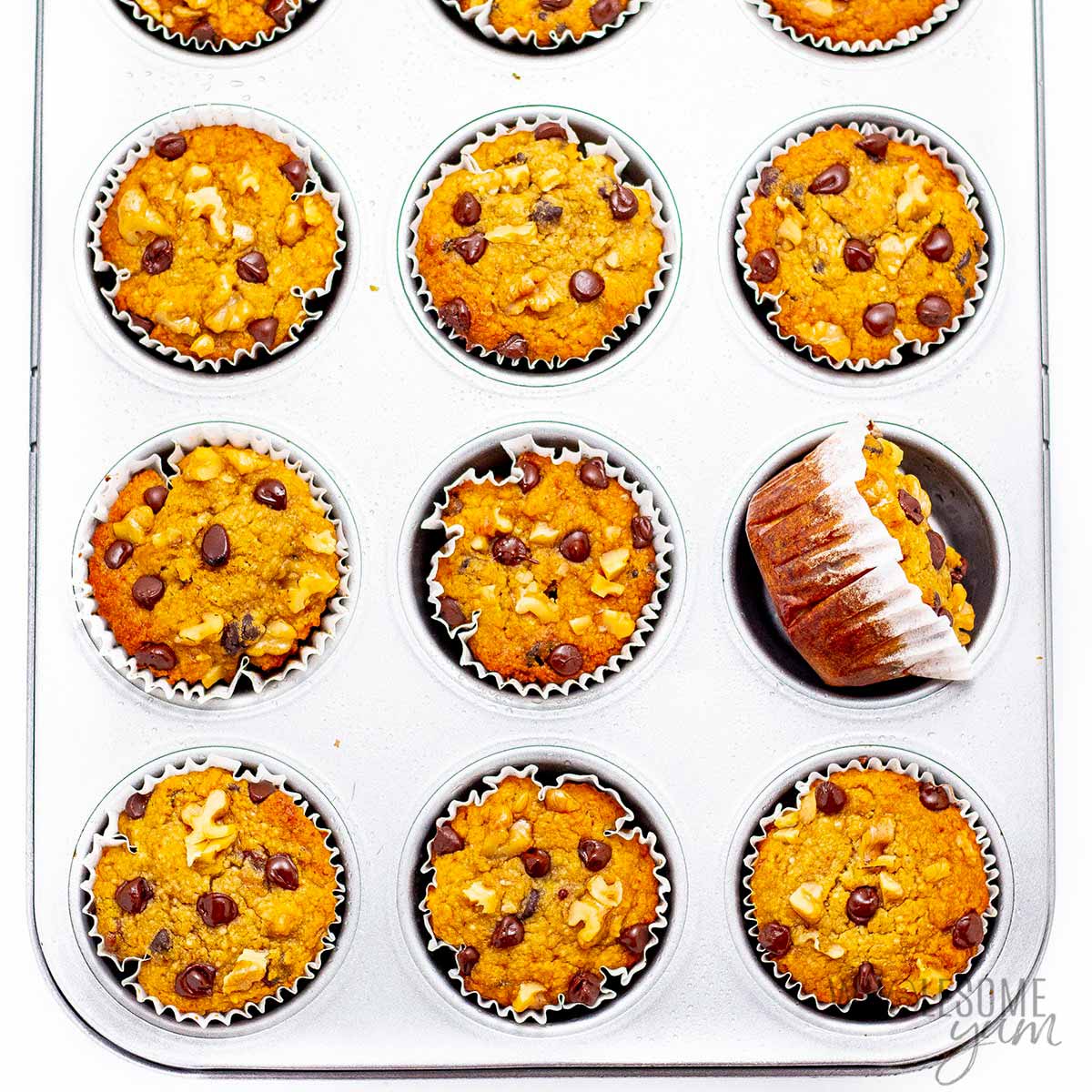 Fully baked muffins in pan.