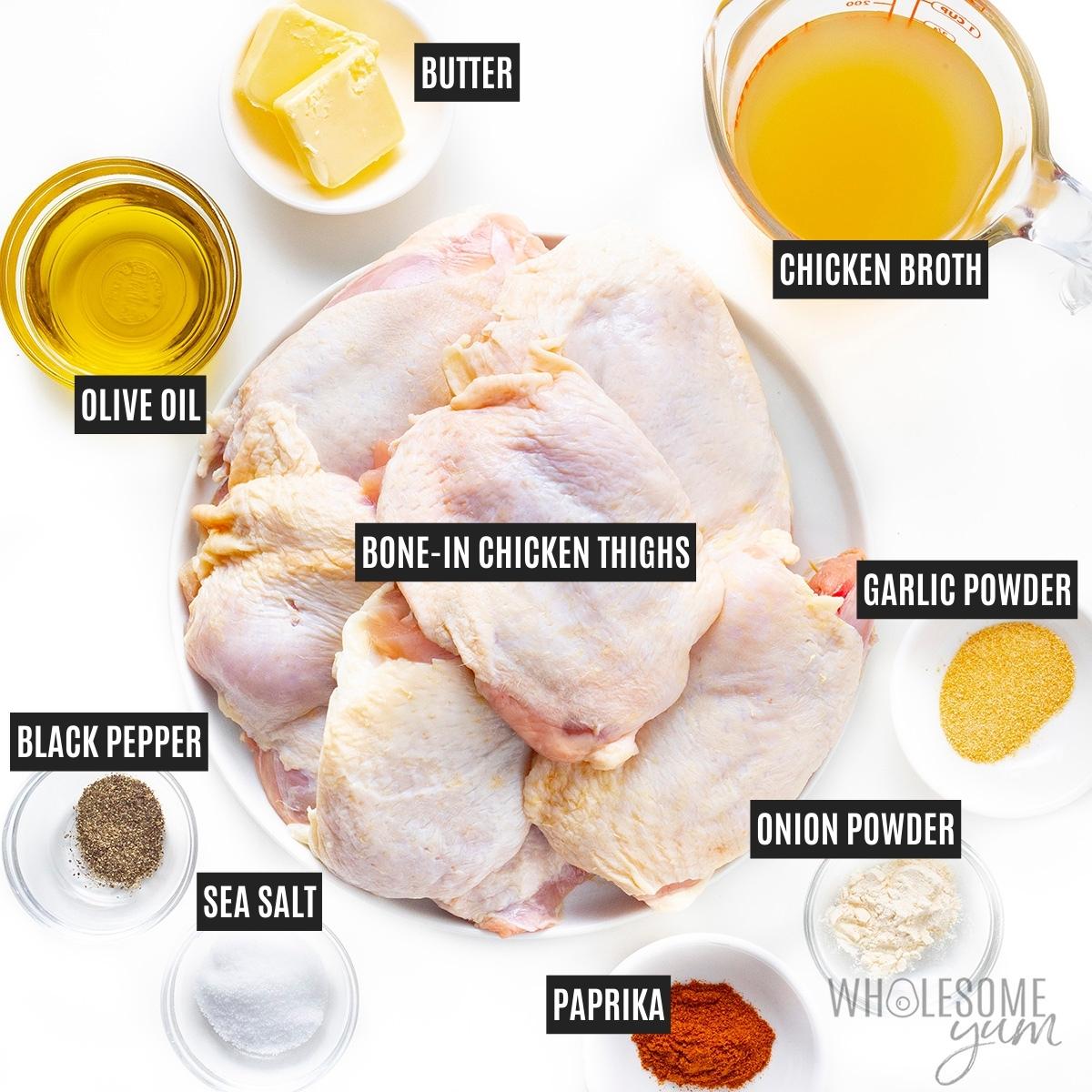 Ingredients for frying chicken thighs in a pan.