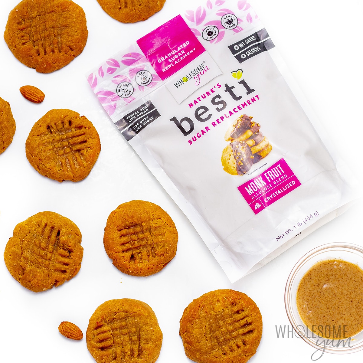 Almond butter cookies around Besti Monk Fruit Allulose Blend, a sweetener to keep net carbs on keto low.