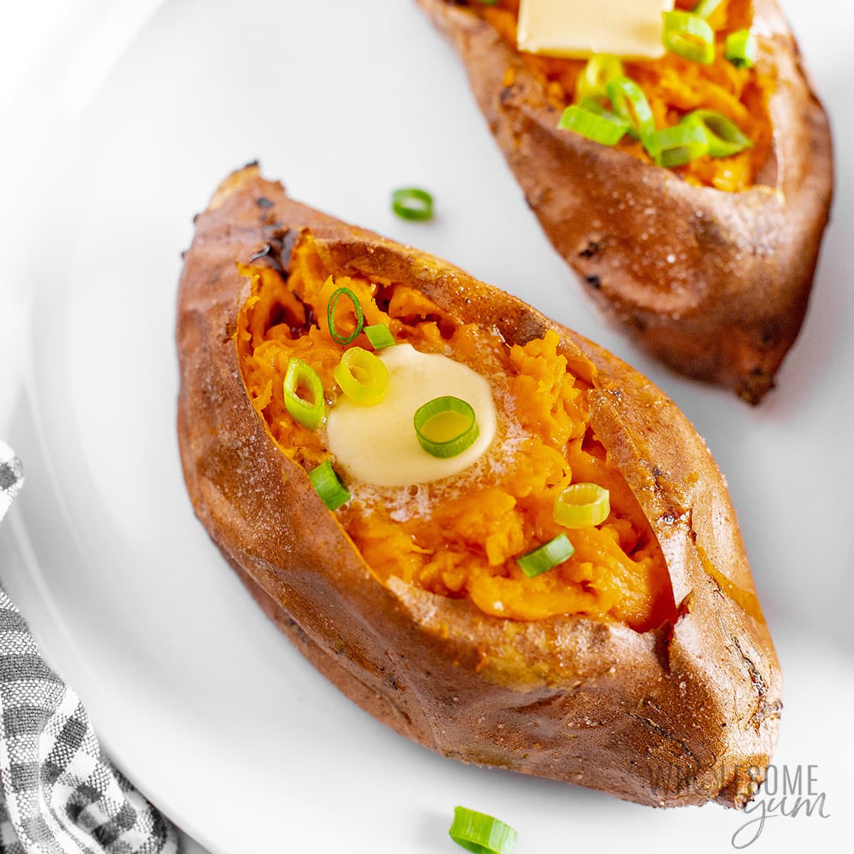 Toppings added to a baked sweet potato.