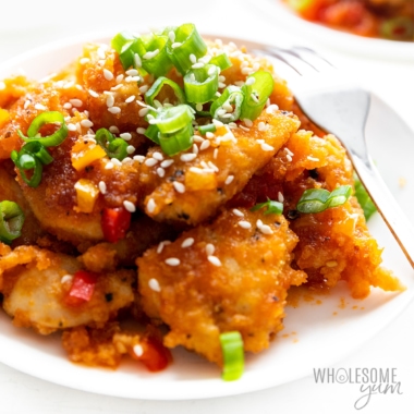 Healthy keto sweet and sour chicken recipe on a plate.