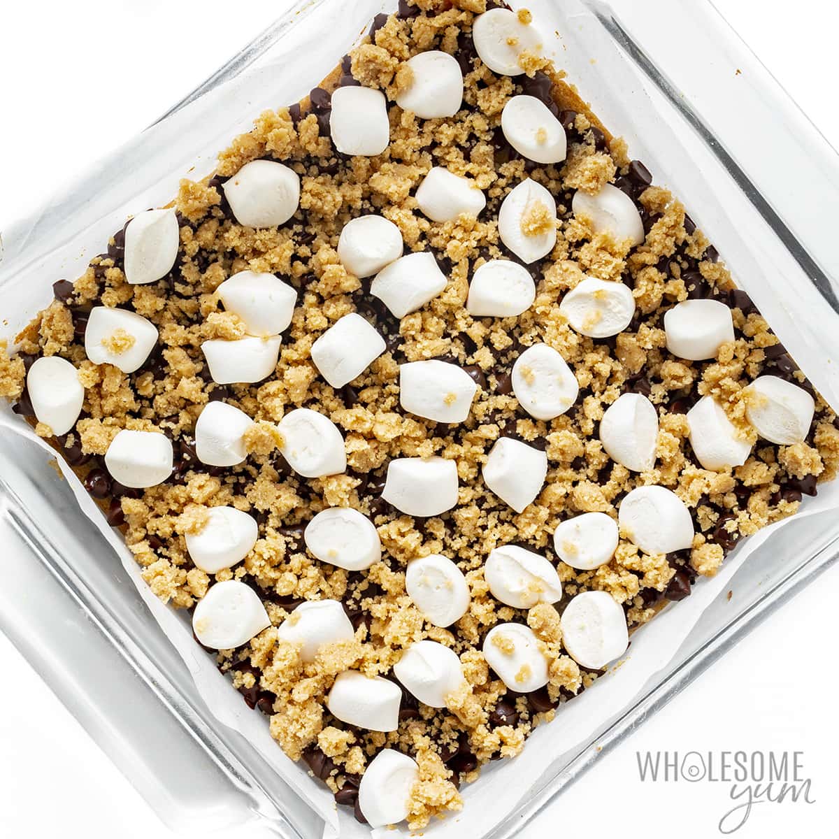 Unbaked smores bars in a pan.