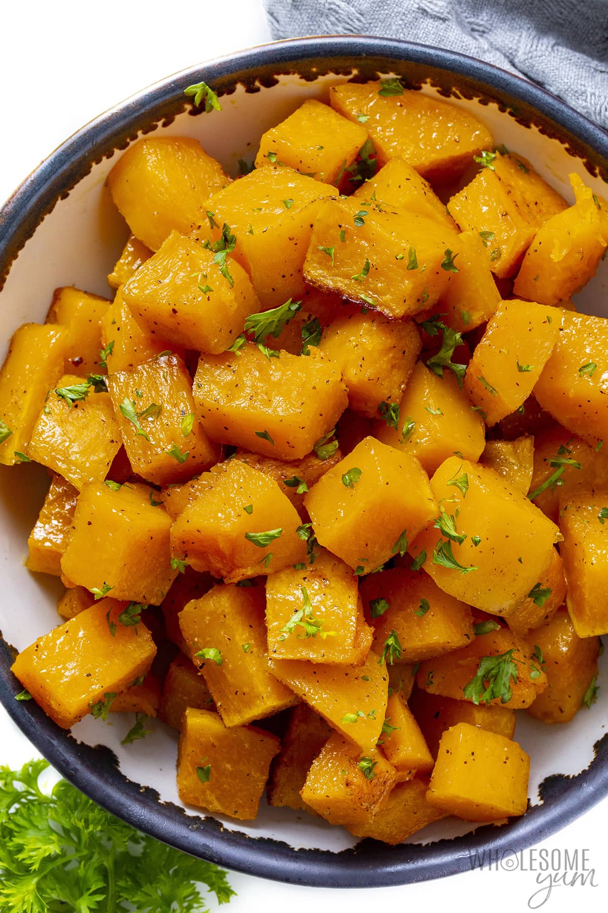 Oven roasted butternut squash in a bowl.