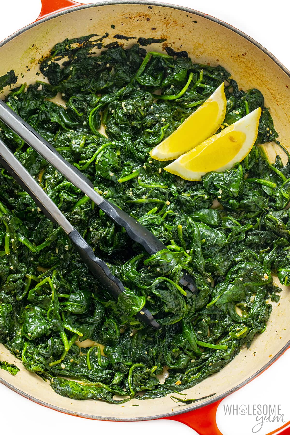 Sauteed spinach recipe in a skillet.