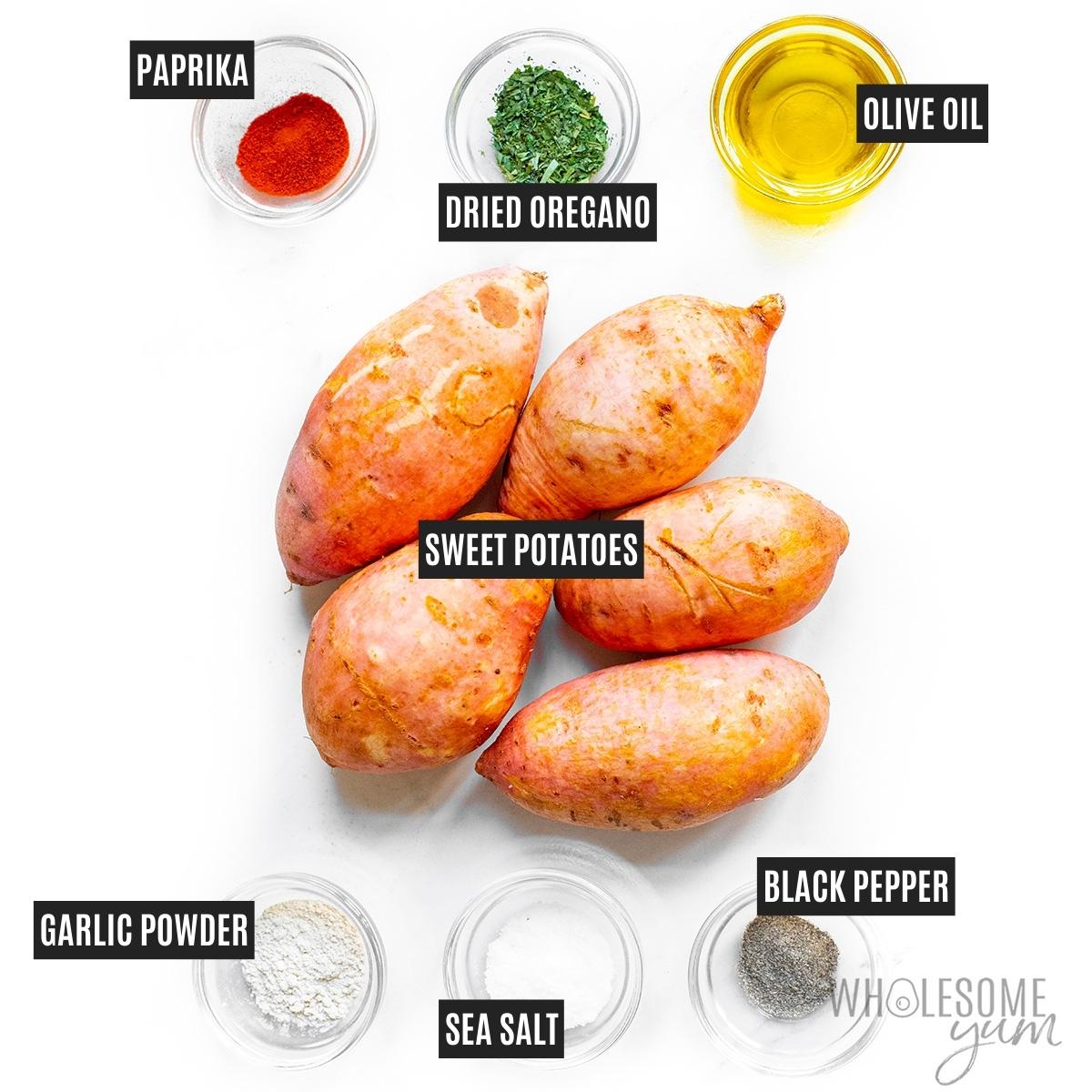 Air fryer sweet potato recipe ingredients including spices.