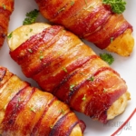 Bacon wrapped chicken close up.