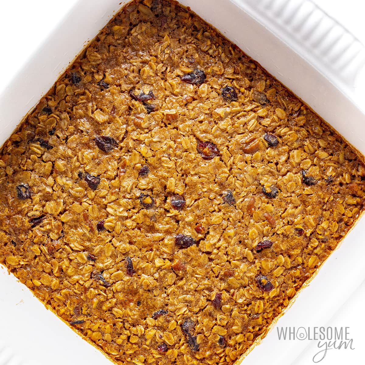 Baked oatmeal in baking dish.