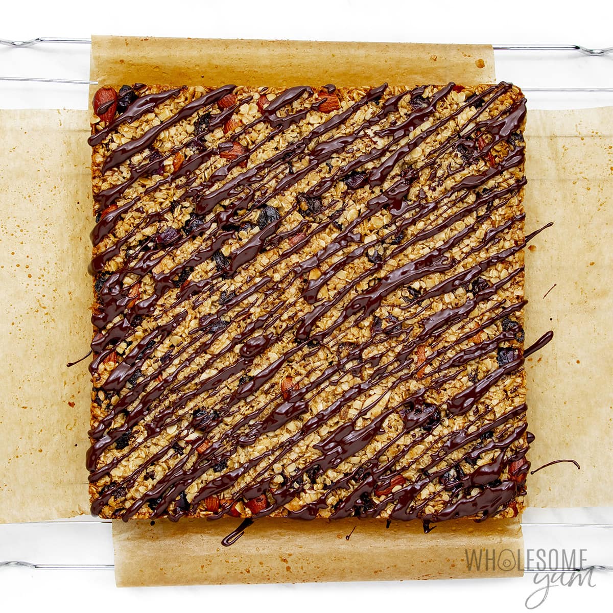 Breakfast bar slab drizzled with chocolate.