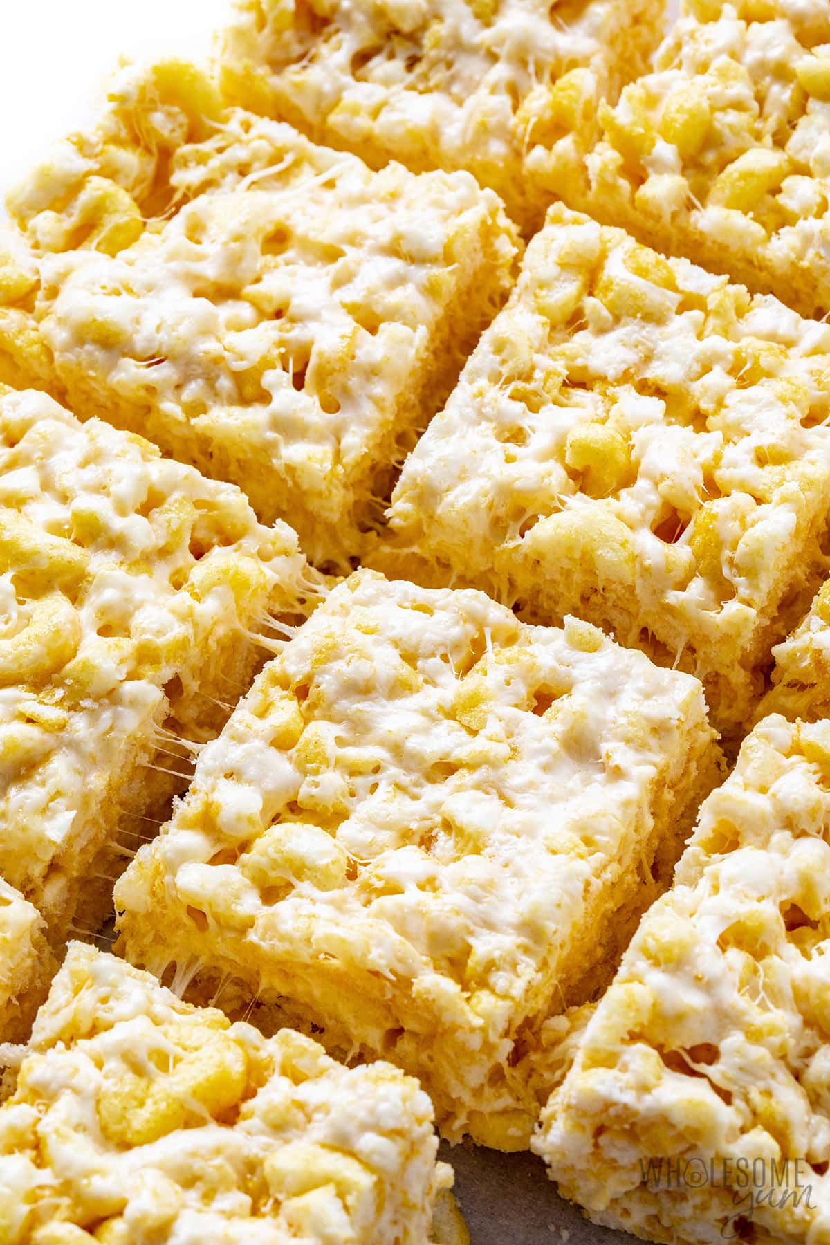 Rice krispie treats cut into squares.