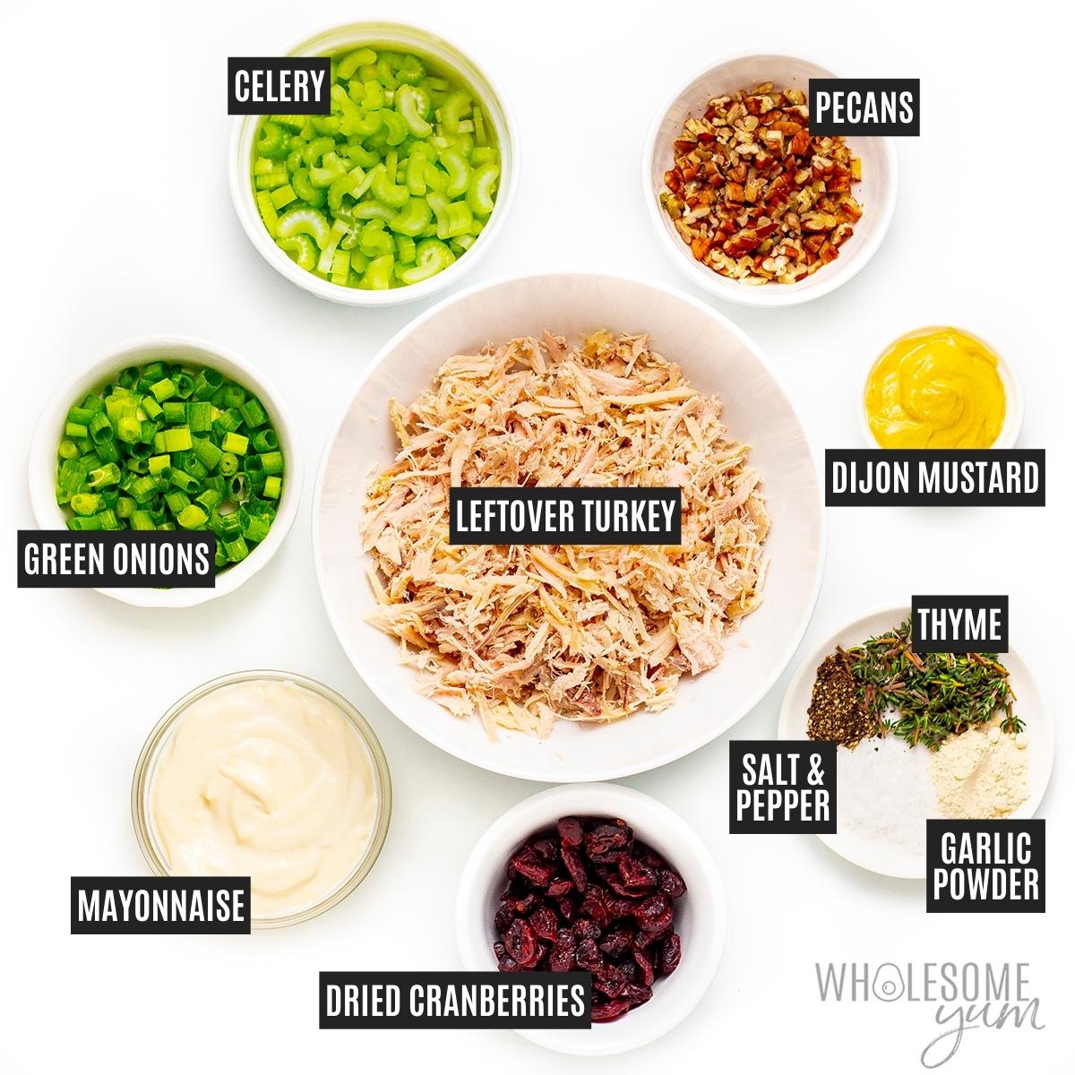 Turkey salad ingredients in bowls.