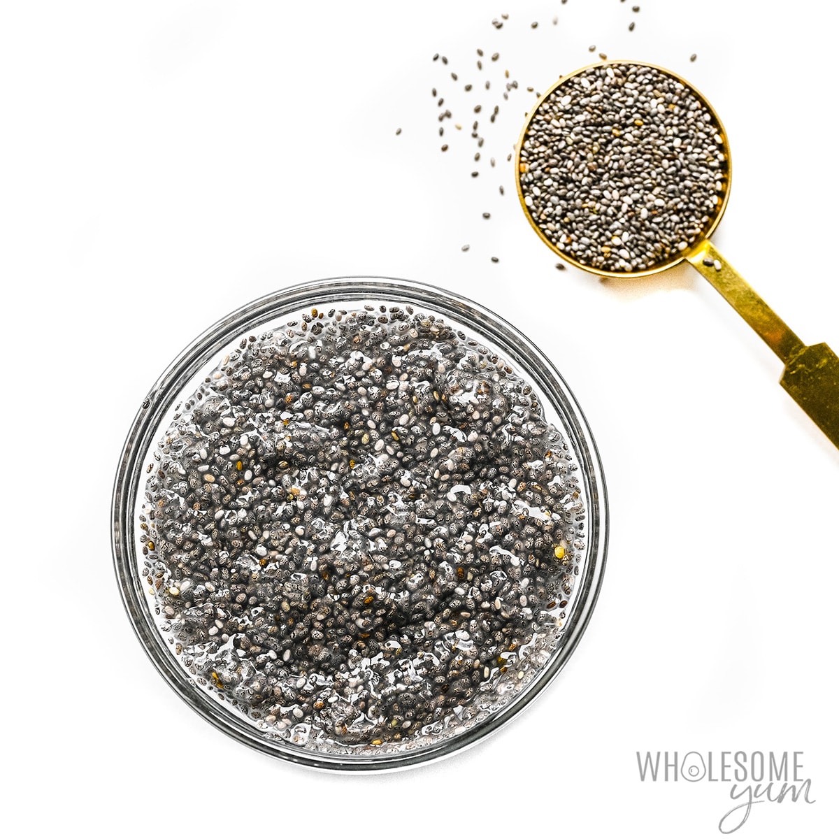 Chia seeds in a bowl next to measuring spoon.