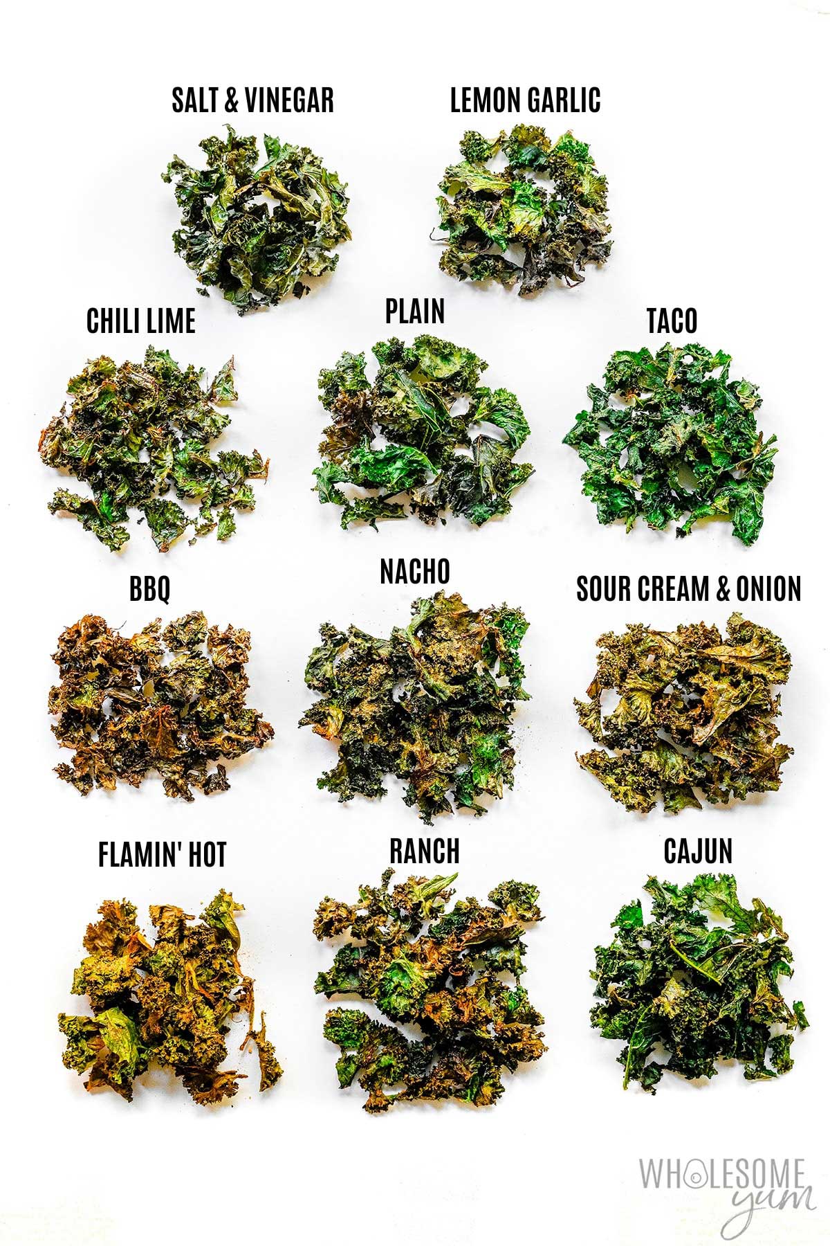 Air fryer kale chips with flavor variations.