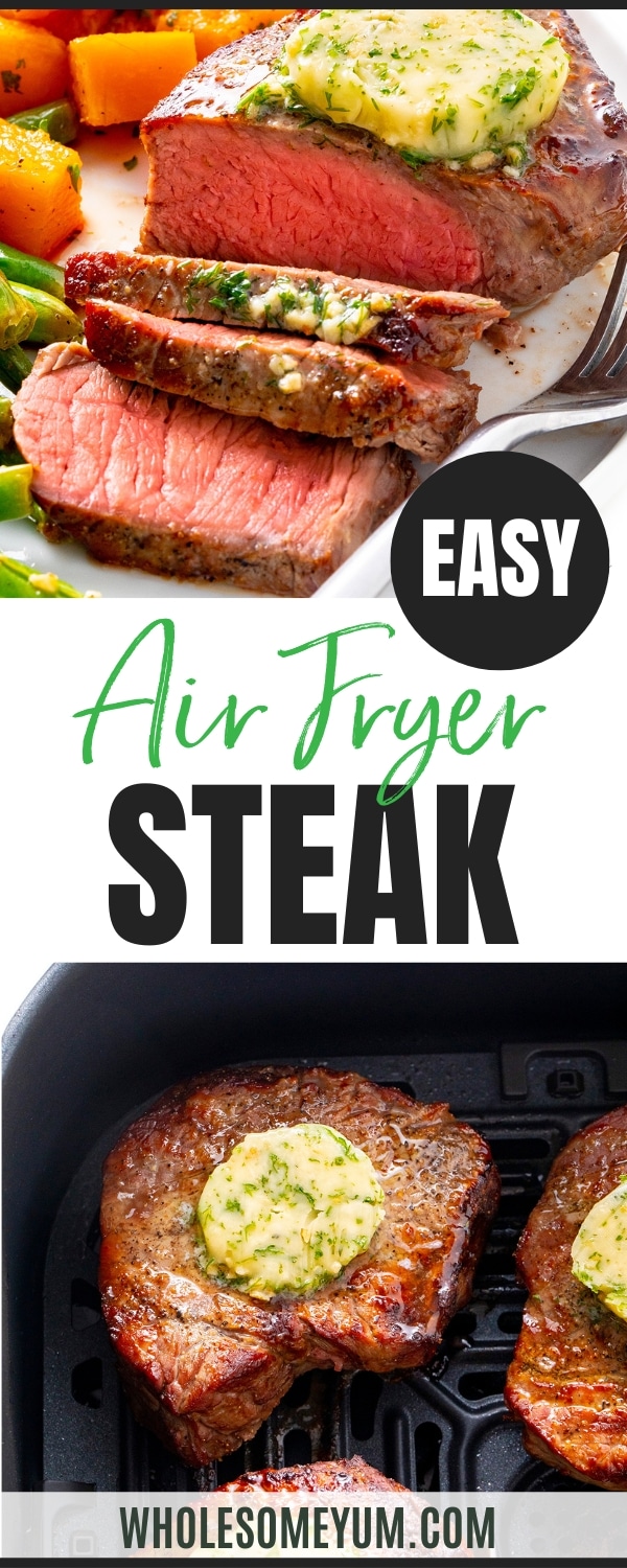 Air fryer steak recipe pin.